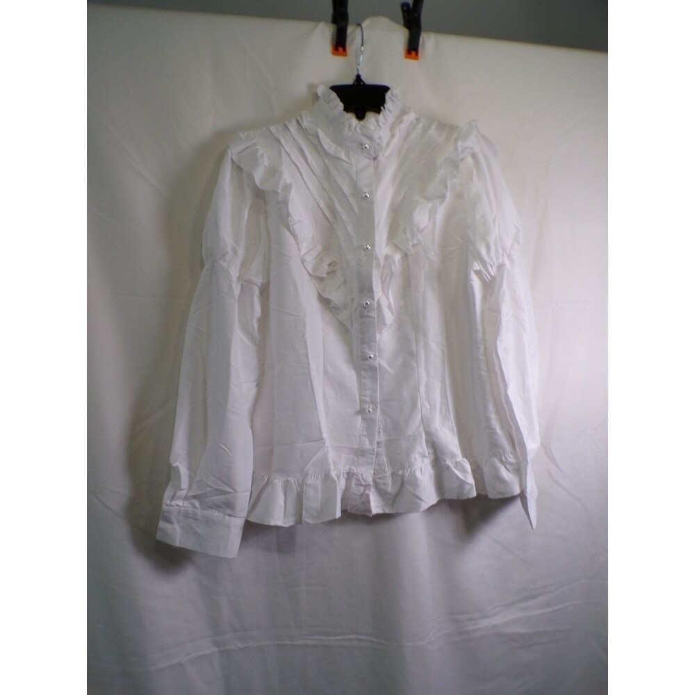 Women's White Ruffle High Neck Button Front Blouse Size M